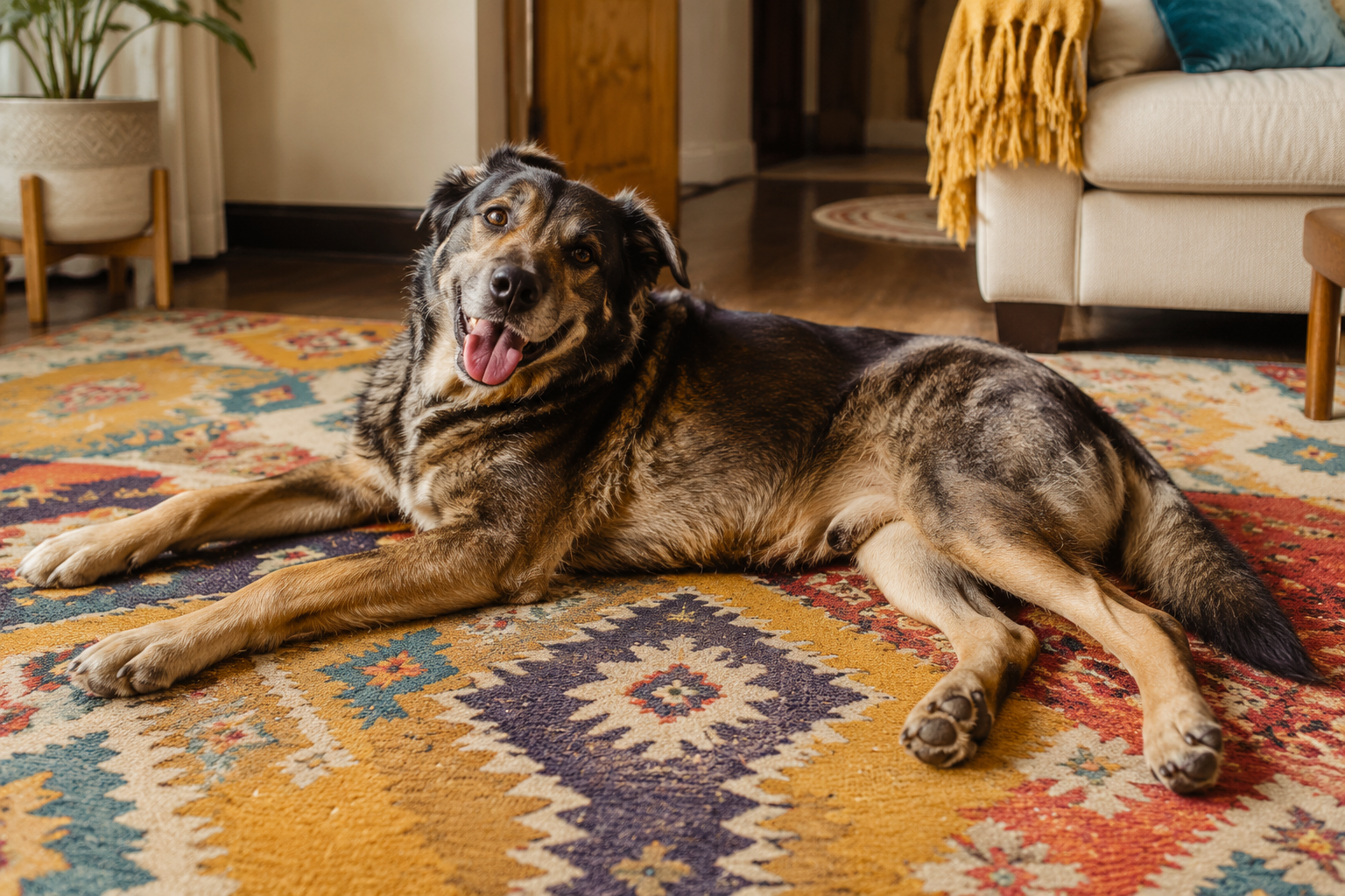 A happy dog relaxing after exercise